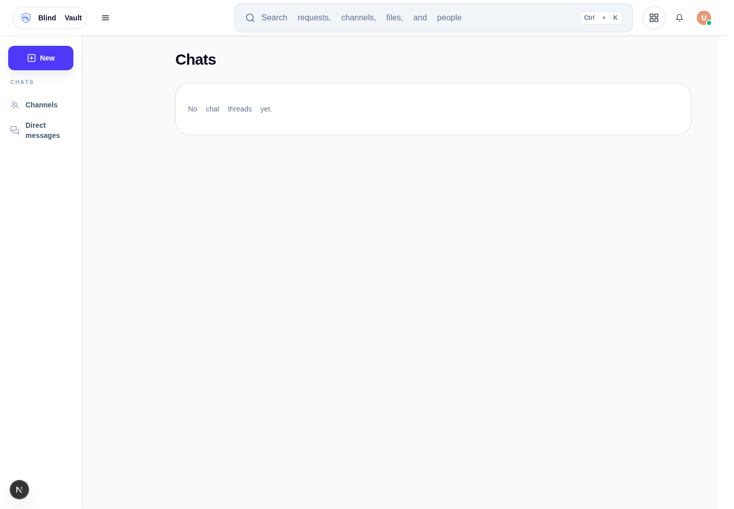 Blind Vault Chats page showing direct messages and channels